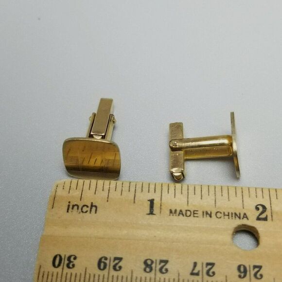 Vintage Square Pin Stripe Yellow Gold Filled Bullet Back Cufflinks, Campus - Picture 6 of 8